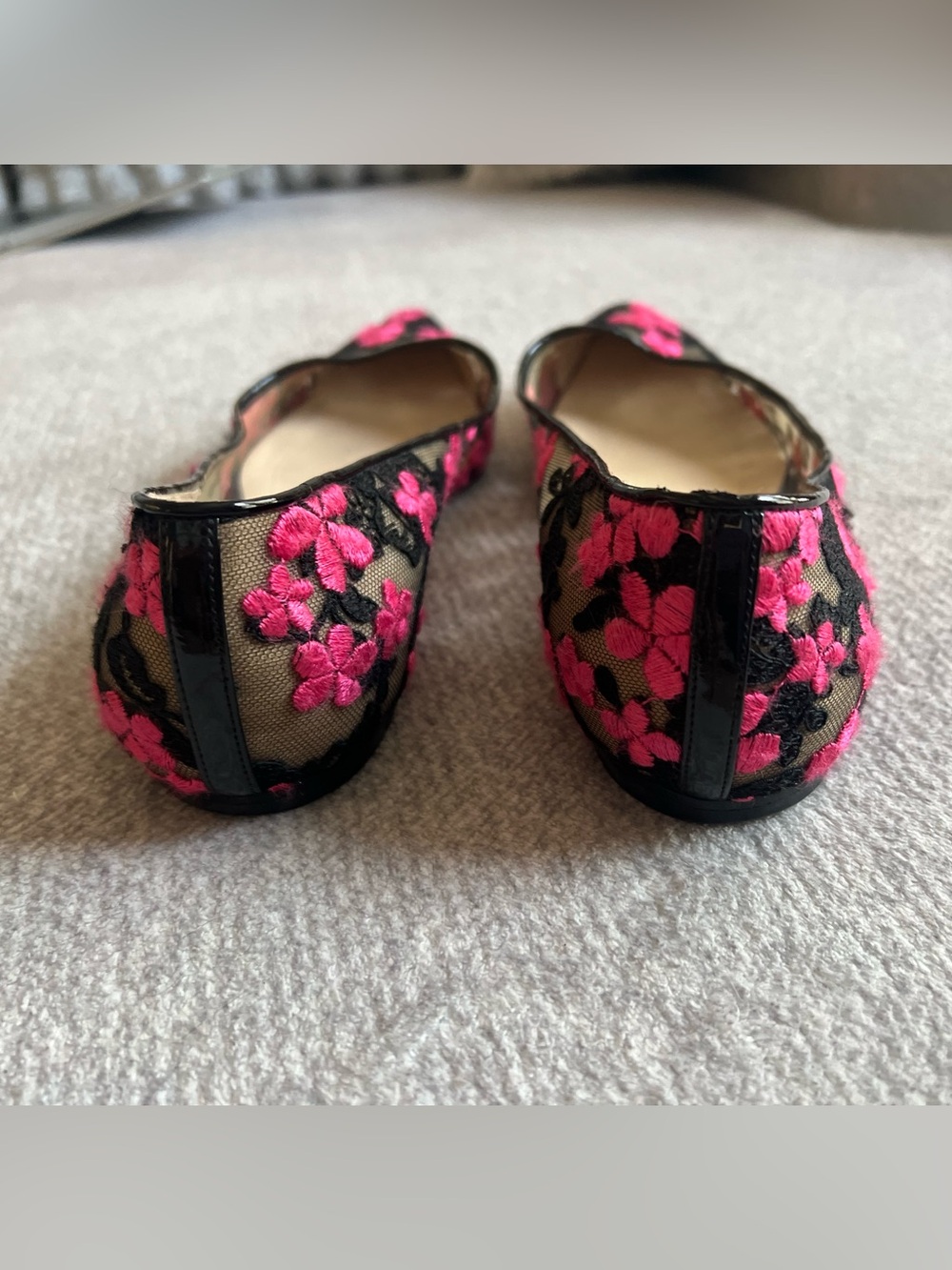 Jimmy Choo Black Lace Flats with Bright Pink Floral Embroidery - Picture 3 of 6